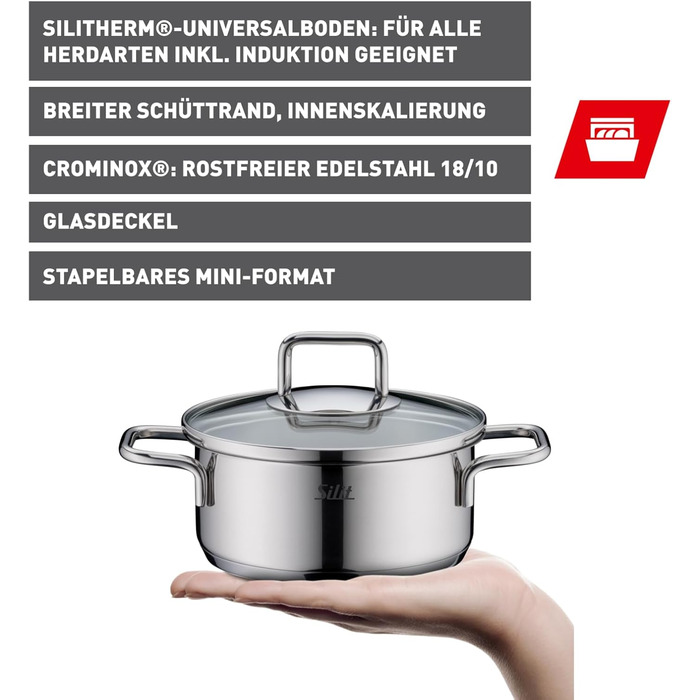 Набір посуду Silit Extra Cook каструлі 12/14 см зі скляною кришкою, внутрішньою мірною шкалою, широким обідком для зручного зливання, з нержавіючої сталі Crominox, для невеликих порцій, компактно складаються, запобігають розтіканню (каструля для смаження,