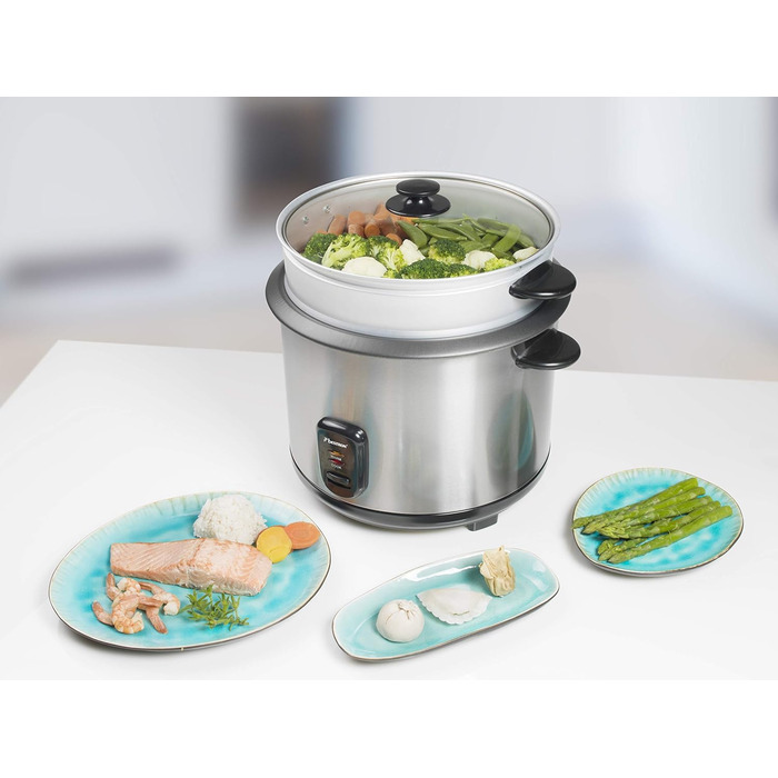 Рисоварка Bestron на 4-6 осіб, включаючи насадку для пароварки, мірну ложку та ложку для рису, з антипригарним покриттям та світловим індикатором, можна мити в посудомийній машині, 400 Вт, колір сріблястий (2,8 літра)