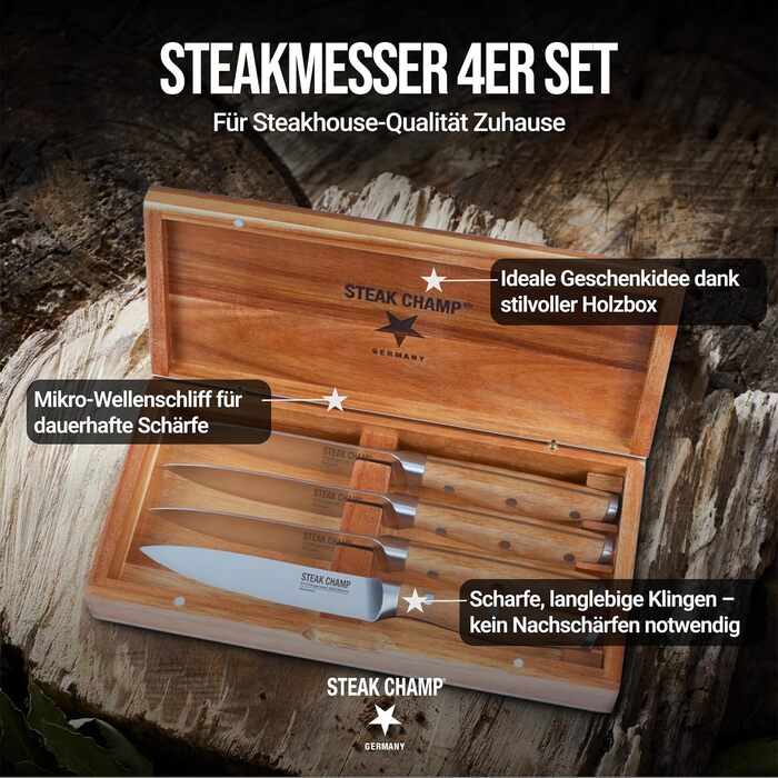 Вилка та ніж для стейка для м&39яса Steakchamp, 2 х 2 шт. виделки та ножі із сталевого леза, з мікрохвильовим помелом, набір з 4 шт., включаючи дерев&39яну коробку