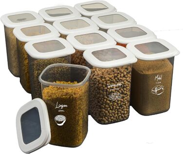 Банки для хранения с герметичными крышками Набор из 24 контейнеров для хранения БЕЗ БИСФЕНОЛА А Для мюсли, хранения муки и сахара Практичный кухонный ящик для хранения всех продуктов (набор из 12 белых 1200 мл)