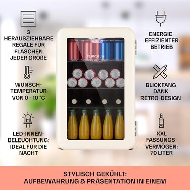 Міні-холодильник зі скляними дверцятами 70 л кремовий Klarstein