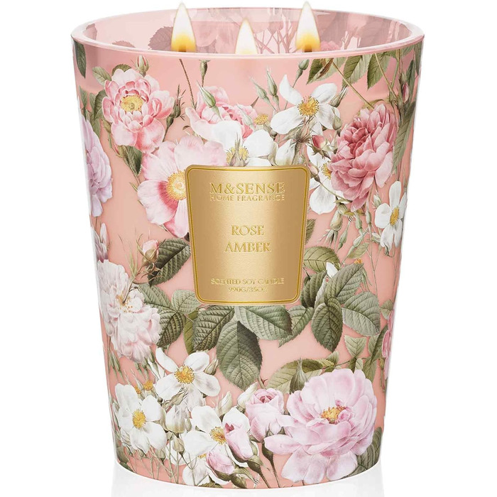 Ароматична свічка M&SENSE надзвичайно велика, час горіння 150 годин, натуральна ароматерапевтична свічка з 3 гнітами, сильний аромат, тривале горіння, подарункова свічка та прикраса для дому, подарунки для жінок (990 г, рожево-бурштиновий)