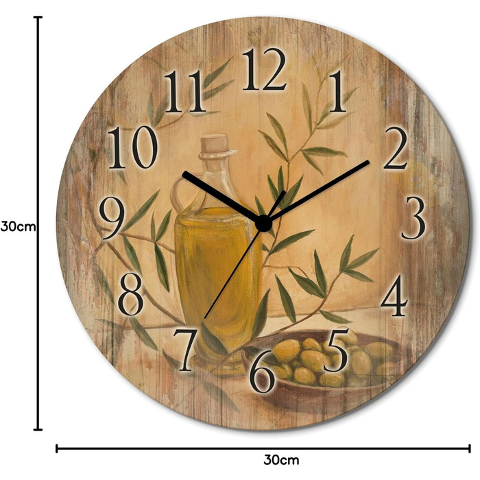 Настінний декор ARTLAND настінний годинник з дерева без цокання безшумний круглий Ø 30 см кухонний годинник кава капучино круасан T5XO Капучино та круасан (оливки та лимони, кварцовий годинник)