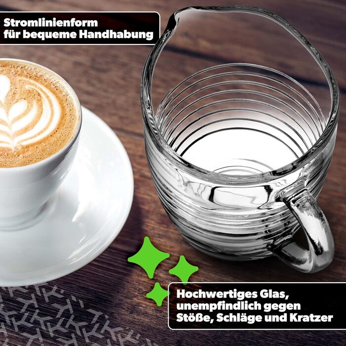 Скляний глечик для молока KADAX, глечик для молока з ручкою, глечик для вершків, глечик, соусник, маленький скляний глечик для молока, вершків, соусу, кави, легко миється, прозорий (200 мл, ) (смужки)