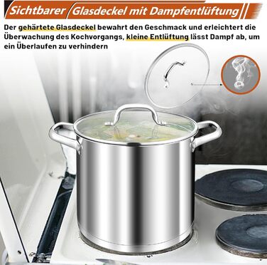 Велика каструля TEAMFAR, каструля з нержавіючої сталі, індукційна плита, скляна кришка, 3-шарове дно для всіх типів плит, каструля для пасти 26 см, каструля для м&39яса, без покриття та нетоксична, можна мити в посудомийній машині (10 літрів)