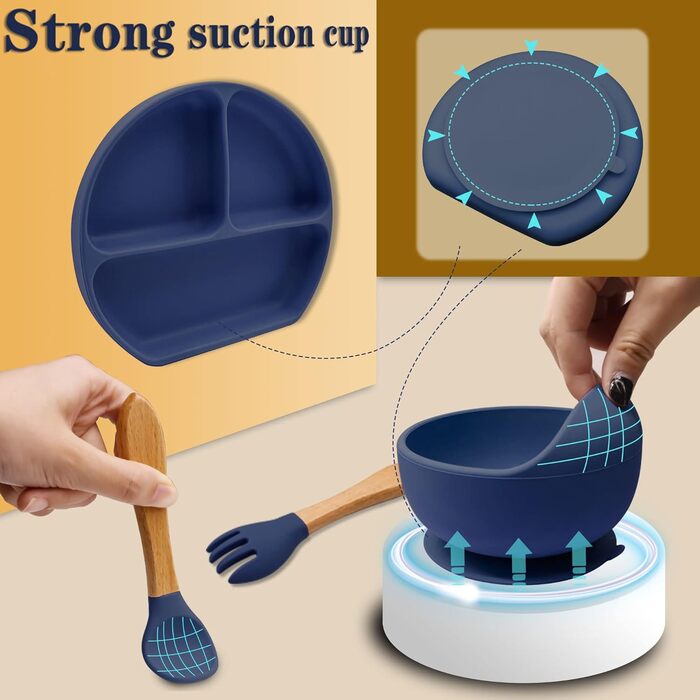 Набір дитячого столового посуду 5 предметів Силіконовий набір дитячого столового посуду Нековзна дитяча тарілка з присоскою Миска Нагрудник Ложка Виделка Набір дитячого харчування для маленьких дівчаток без бісфенолу А, (темно-синій)