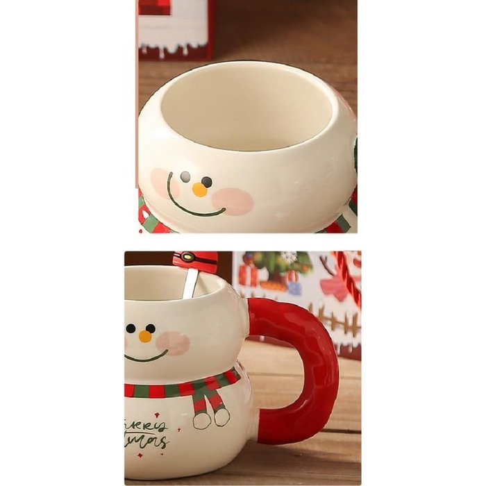 Різдвяний кухоль 400 мл з кришкою та ложкою, Сніговик в червоній шапці VollfitYYu