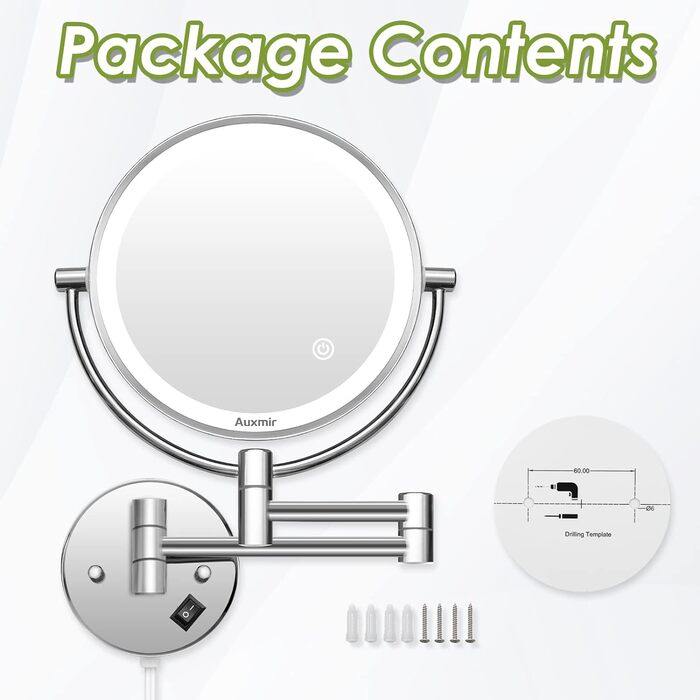 Дзеркало косметичне 20 см настінне з підсвічуванням та 10-кратним збільшенням, сріблясте Vialex