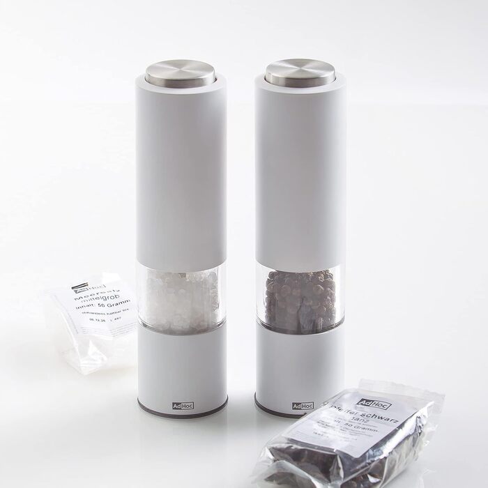 Набір електричних млинів для солі та перцю AdHoc з 2 чорно-білих тропіків з керамічною кавомолкою, що регулюється від дрібного до великого, включаючи сіль і перець (білий)