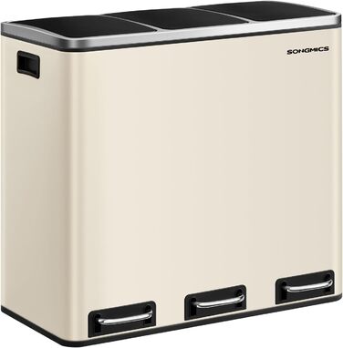 Кухонний кошик для сміття, 3 x 18 л, система розділення сміття, 3 відділення, включаючи 15 мішків для сміття, відро для сміття, відро для сміття на педалі, для перероблених відходів, органічних відходів, з кришкою, LTB54BK (пісочно-бежевий)