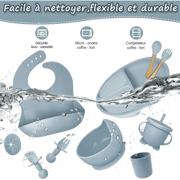 Набір дитячого посуду із силікону, 12 предметів, синій CUBTEM