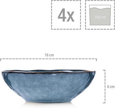 СПІВАЧКА Столовий сервіз Darwin 12 шт. , набір фаянсового посуду 4 персони, набір тарілок синього кольору в т.ч. обідня тарілка десертна тарілка & глибокі тарілки, столовий посуд, набір посуду ручної роботи (миски 4 шт.)