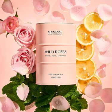Ароматичні свічки M&SENSE з натурального соєвого воску, натуральна соєва свічка для домашнього декору, тривалий час горіння до 70 годин, класні подарунки-свічки для чоловіків та жінок (600 г, дикі троянди)