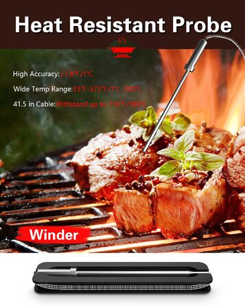 Метровий термометр для гриля Bluetooth, бездротовий термометр для м'яса з 4 зондами з нержавіючої сталі BFOUR