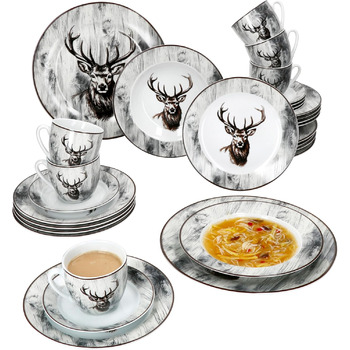 Комбінований сервіз MamboCat Alois з 30 предметів I Набір порцелянового посуду з декором оленя на 6 персон I 6 чашок по 200 мл кожна, блюдця, тарілки для тортів, супові та обідні тарілки