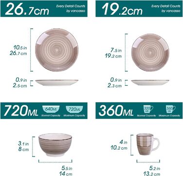 Комбінований сервіз фаянсовий, обідній сервіз з ручним розписом Vancasso Bella, марокканський стиль, вінтажний зовнішній вигляд, ручний розпис, на 12 осіб (обідній сервіз з 16 предметів, шоколад Bella)