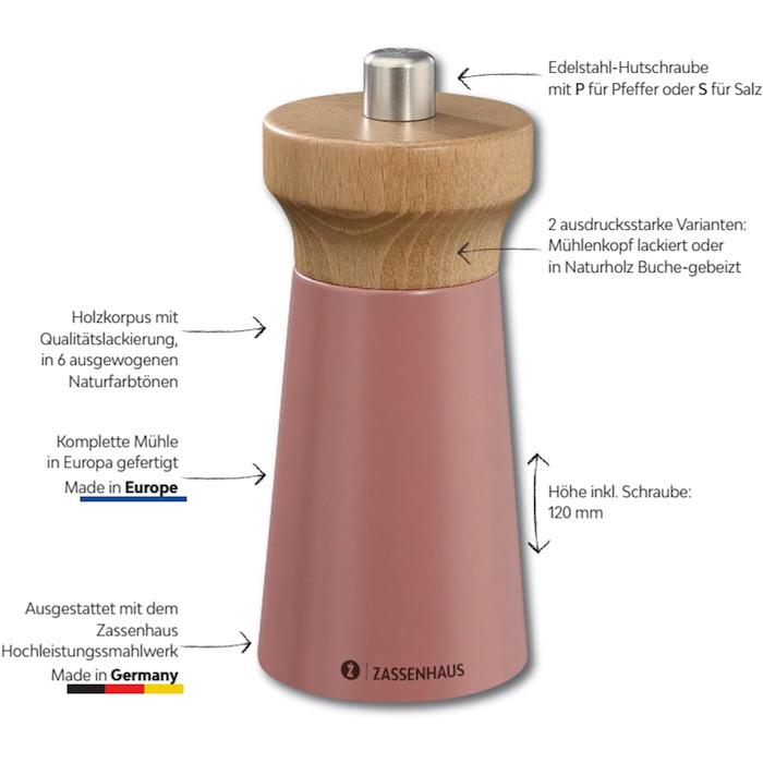 Соляний млин Zassenhaus WESTERLAND пісок лакована деревина бука Головка млина з деревини бука з плавним регулюванням високопродуктивної керамічної шліфувальної машини Млин для спецій для солі 12 см, Ø 5,4 см Соляний пісок, бук