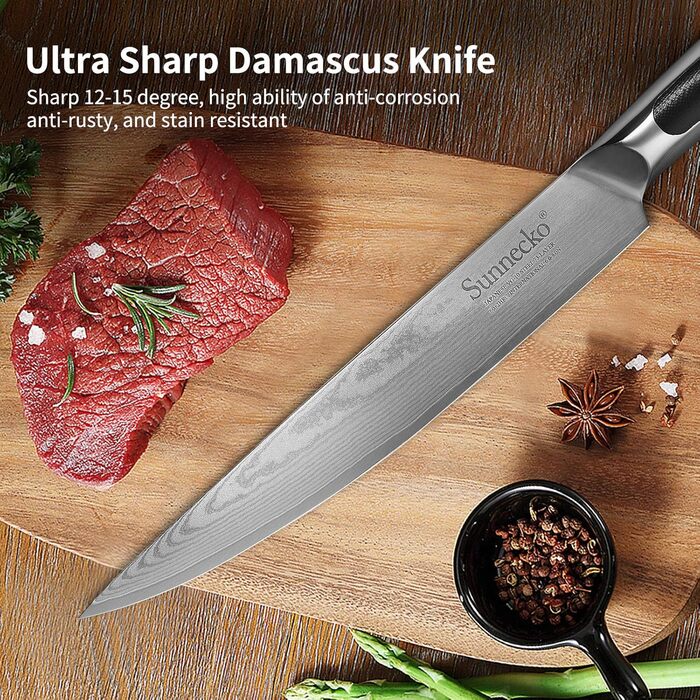Ніж для хліба Sunnecko 20 см із зазубреним краєм, дамаський ніж для хліба, гострий кухонний ніж з лезом з дамаської сталі, ніж для різання хліба з ручкою G10