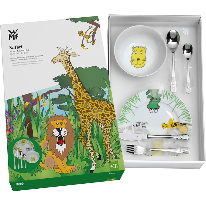 Детские столовые приборы WMF с выгравированным именем - Набор столовых приборов Сафари с миской и тарелкой - Рождественские подарки для детей - Персонализированные идеи подарков для детей - 6 шт. (без гравировки, одинарные)