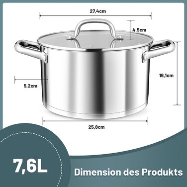 Каструля 7,6 л з нержавіючої сталі зі скляною кришкою 26 см TEAMFAR