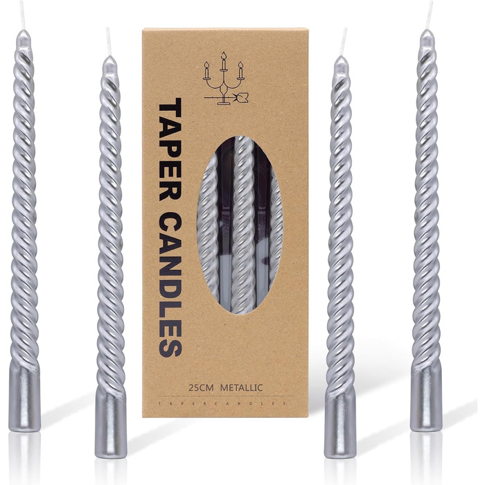 Набір з 4 конічних спіральних свічок 2 х 25,5 см, сріблястий Alederways