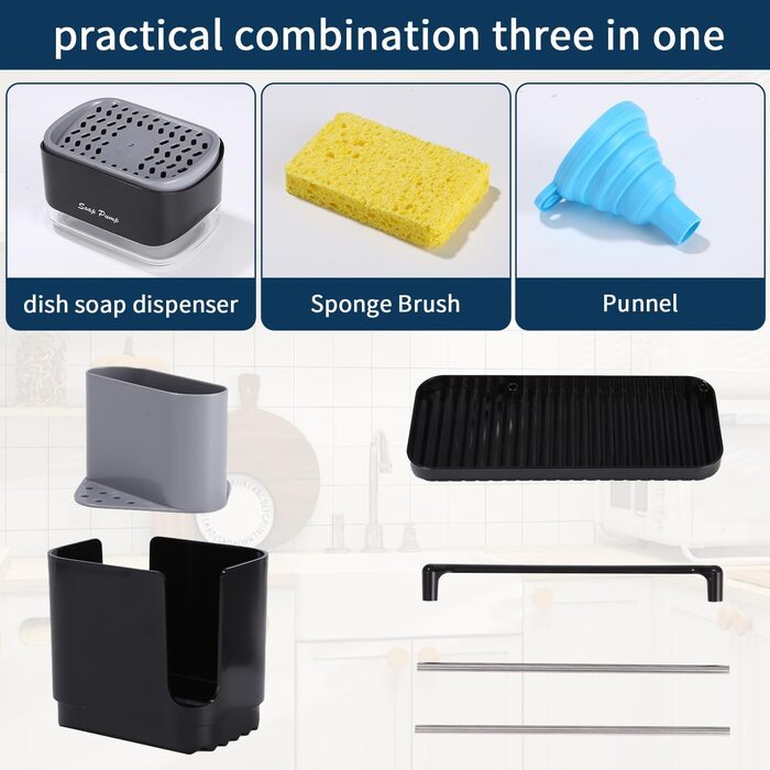 Кухонний набір з дозатором рідини для миття посуду, дозатор мила кухонний з лотком і тримачем для губки, засіб для миття багаторазового використання, підходить для кухонної мийки (кухонний набір з дозатором рідини для миття посуду)