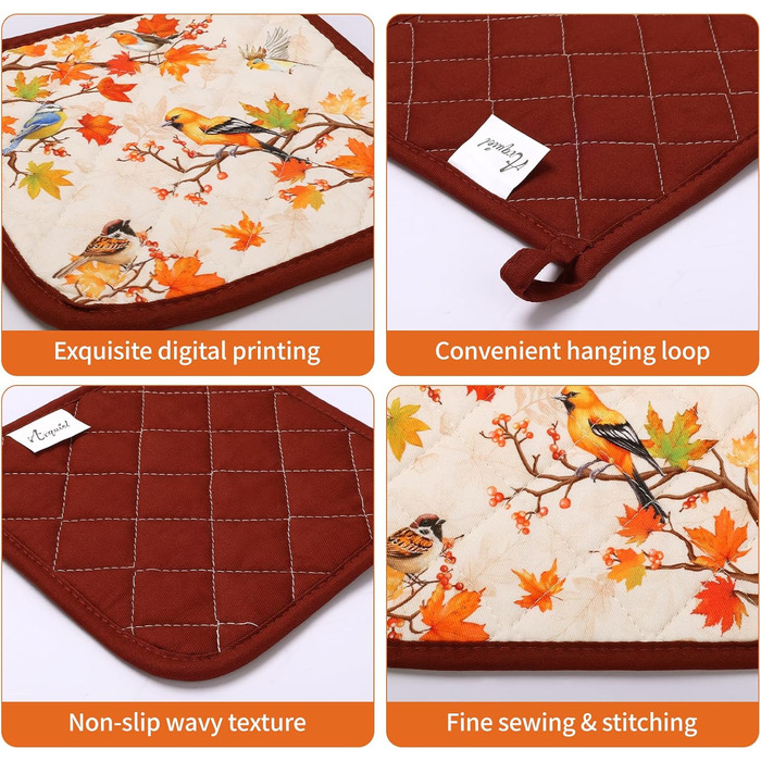 Набір з 2 різдвяних рукавиць для духовки та підставки для каструль Arquiel, 100 бавовняні кулінарні рукавички, термостійкі кухонні рукавички для приготування їжі, різдвяні подарунки для жінок (птахи, рукавиця для духовки підставка для каструль)