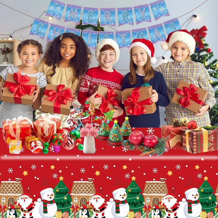 Різдвяні скатертини, одноразові різдвяні скатертини, великі прямокутні скатертини у формі Санта-Клауса, сніговика, обідні скатертини для різдвяної вечірки (137 x 274 см) (червоний фон сніговик), 2