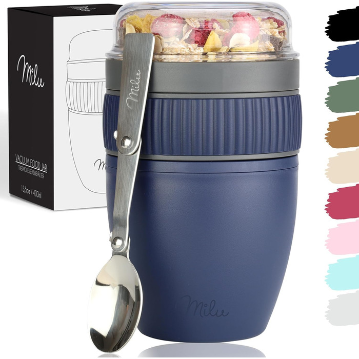 Стаканчик для пластівців Milu 400 мл з назвою MsliMax для йогурту герметичний стаканчик з ложкою (темно-синій, пластиковий)
