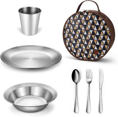 Набір столових приборів для кемпінгу Набір посуду 13 шт. Обідній сервіз з нержавіючої сталі з футляром Ніж, виделка, ложка Тарілка Кавова чашка Ідеально підходить для подорожей на свіжому повітрі Походи Кемпінг (для 1 особи)