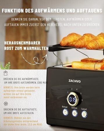 Тостер на 2 скибочки, тостер ZACHVO з підігрівом булочок, 6 рівнів підрум&39янювання, 850 Вт, знімний піддон для крихт, світлодіодний екран, високий підйом, розігрів, розморожування, функція скасування