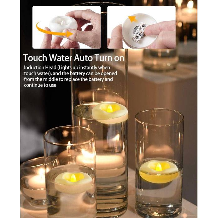 И світлодіодні плаваючі свічки 5,1 см, 200 годин водонепроникного теплого білого світла, плаваюча чайна свічка на батарейках для романтичного весільного центрального елемента/ванної кімнати/басейну/фонтану (Pf-12 шт.), 24 шт.