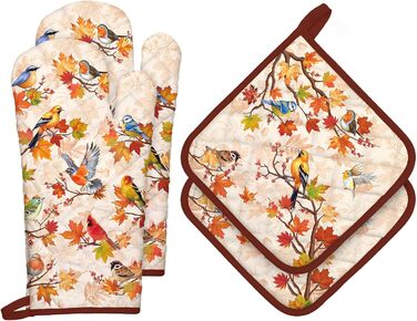 Набір із 2 різдвяних рукавичок для духовки та прихваток Arquiel, 100 бавовняні кулінарні рукавички, термостійкі кухонні рукавички для приготування їжі, різдвяні подарунки для жінок (птахи, рукавички для духовки*2 прихватки*2)