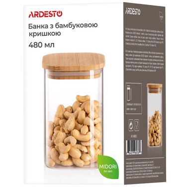 ARDESTO Midori Банка для хранения, 480 мл, стекло, бамбук, квадрат, прозрачный
