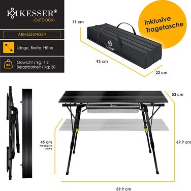 Складной складной стол с алюминиевой рамой, черный KESSER