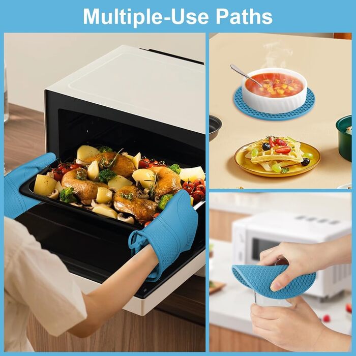 Набір рукавичок для духовки AUAUY, 1 пара силіконових рукавичок для духовки з 2 тримачами для каструль, нековзні кулінарні рукавички, термостійкі рукавички для духовки, рукавички для кухні, приготування їжі, випічки, гриля, барбекю (сині)