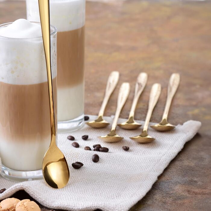 Набір ложок GRWE для лате макіато, золотий, 6 предметів, 22 см, довгі ложки, ложки для коктейлів, десертні ложки, ложки для морозива, ложки для кави з льодом, нержавіюча сталь, можна мити в посудомийній машині (золотий)