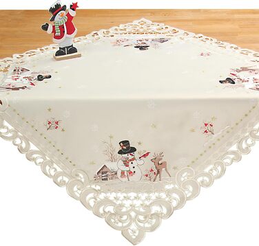 Різдвяна скатертина/доріжка HanaQi зі сніговиком та оленями, зимовий пейзаж з ажурною вишивкою, поліестер, колір екрю/крем - розмір на вибір (приблизно 38 x 108 см, овальна) (85 x 85 см (квадратна))