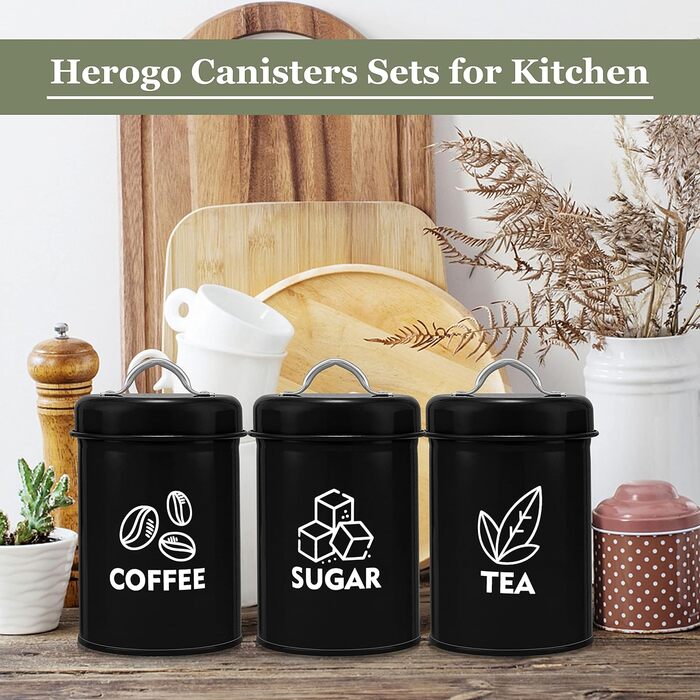 Емкости для хранения чая/кофе/сахара, набор 3 предмета, черные Herogo