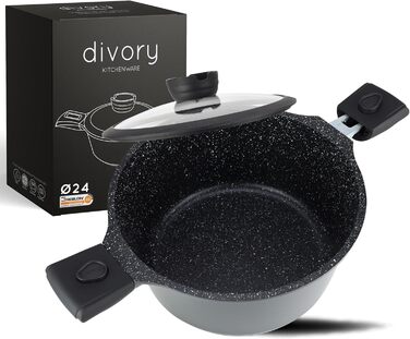 Кастрюля 24 см со съемными ручками и крышкой, черная DIVORY