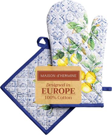 Рукавички для духовки Maison d&39 Hermine, Прихватки для каструль, 100 бавовна, термостійкі кухонні рукавички, рукавички для духовки (19 x 33 см) та прихватки для каструль (20 x 20 см) для приготування їжі, Morzine - Рукавички для духовки (19 x 33 см) та 