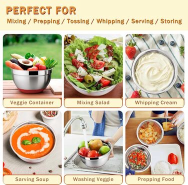 Миски для смешивания Herogo с герметичными крышками, набор из 4 шт., миски для раскладки из нержавеющей стали с подходящими крышками и нескользящим силиконовым основанием, размер 4, 7, 3.5, 1.5, 4 шт. Большие металлические миски для смешивания, (красные)