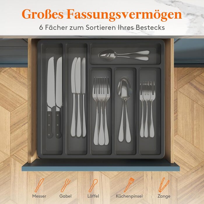 Лоток для столових приборів Lifewit з кришкою, зберігання столових приборів для кухонної шухляди та стільниці, лоток для столових приборів для пластикових ящиків для ложок, виделок, ножів, вставка, 6 відділень, (чорний)