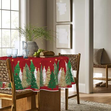 Модна різдвяна скатертина зі сніжинками, ялинками та зірками 140x110 см, зимова стійка до плям скатертина для кухні, декор для вечірки (кругла 120 см, червона)