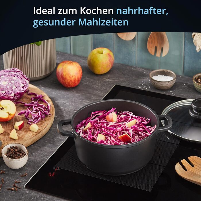 Каструля KHG з індукційним антипригарним покриттям, XXL овочева каструля, велика місткість, 10 літрів Чорний алюміній зі скляною кришкою Міцні, цільні ручки Підходить для всіх типів плит (20 см)