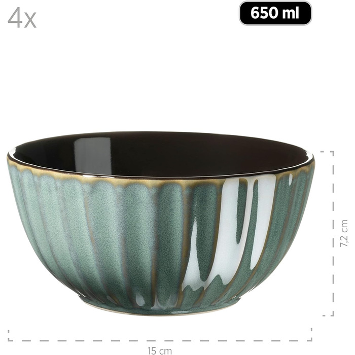 Набор посуды Confino серии MSER 931963 на 4 персоны в современном винтажном стиле, комбинированный набор из 20 предметов из керамики с черными вставками, керамогранит (бирюзовый)