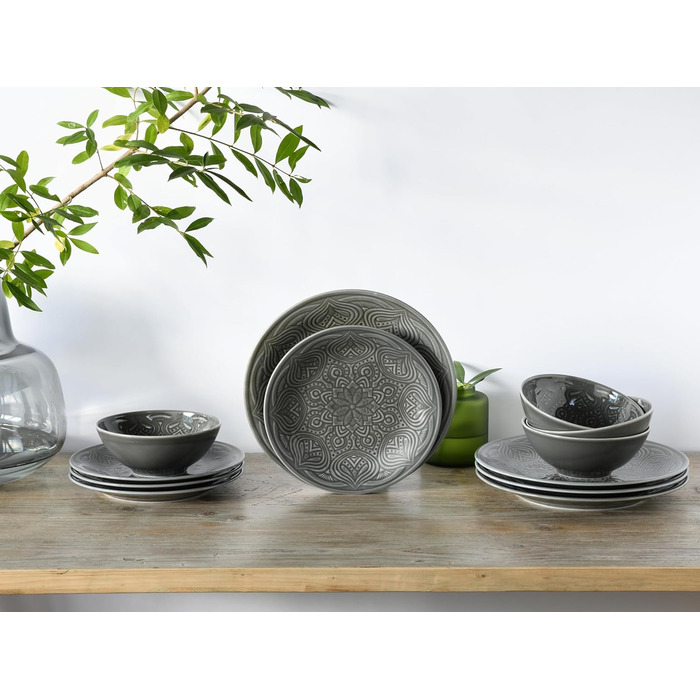 Серія Набір посуду Orient Mandala з 18 предметів, набір тарілок з порцеляни (набір тарілок 12 предметів, камінь), 21627