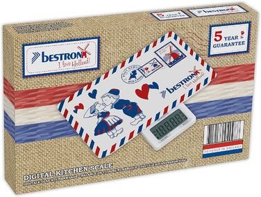Цифровые кухонные весы Bestron с ЖК-дисплеем, Ретро-дизайн, Сладкие сны, Грузоподемность 5 кг, Точность до 1 г, Стекло, Розовый (Белый/Синий (Я люблю Голландию))