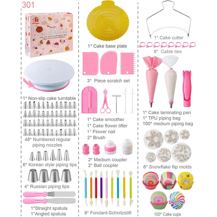 Набір аксесуарів для торта Nifogo, 301 предмет, аксесуари для випічки, аксесуари для декорування тортів з обертовою підставкою, кондитерський мішок, кондитерські насадки, шпатель для початківців (рожевий)