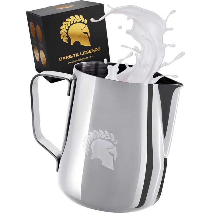 Глечик для молока Barista Legends з нержавіючої сталі 350 мл зі спеціальним носиком для лате-арту - Глечик для спінювання молока з високим глянцевим покриттям - Глечик для молока Barista з нержавіючої сталі - Аксесуари Barista (сріблястий 600 мл)